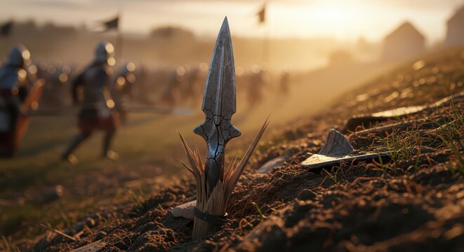 Ancient battlefield spearhead stuck in ground, soldiers in armor advancing at sunset with dramatic lighting