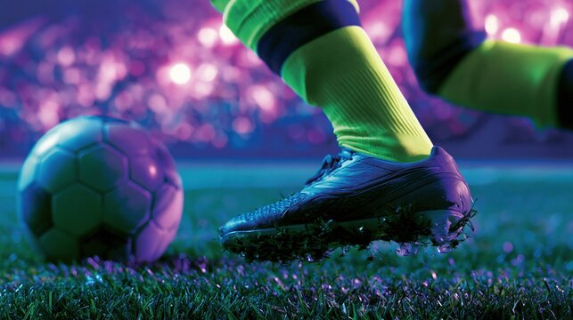 Vivid soccer cleats and lower legs dribbling a ball on a glowing grass pitch for professional sports advertising and athletic training visuals