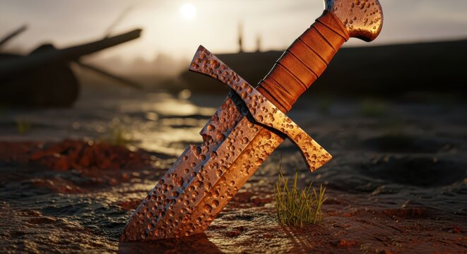 Ancient Rusty Sword Stuck in the Muddy Ground with Sunset Light in the Background