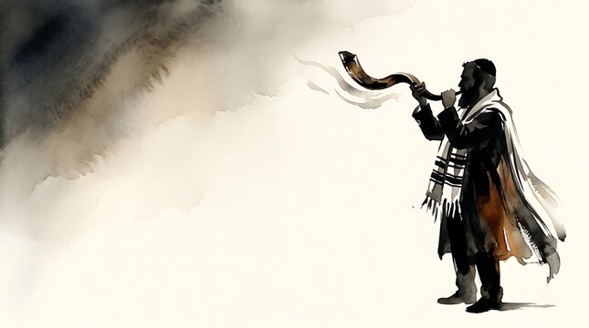 Jewish Man Blowing Shofar for Rosh Hashanah Watercolor Illustration