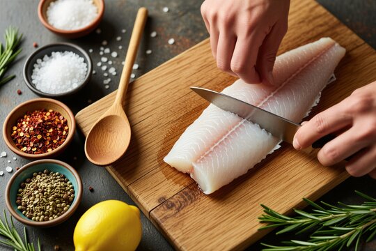 Chef slicing raw fish fillet on wooden board. Ingredients for seasoning include lemon, salt, pepper, and chili flakes. Preparing healthy seafood meal.