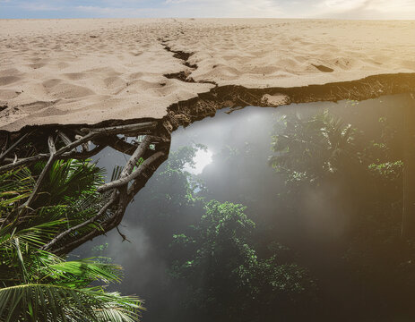 conceptual landscape of a cracked desert surface revealing a thriving tropical rainforest below