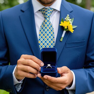 Man in blue suit holds open dark box with diamond ring. Groom wears patterned tie, yellow flower boutonniere on jacket lapel. Makes marriage proposal to partner. Elegant suitor offers precious