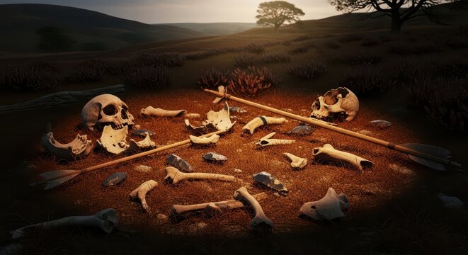 Ancient human remains including skulls and bones scattered on dry grass with arrows, symbolizing a prehistoric battle or burial site at dusk
