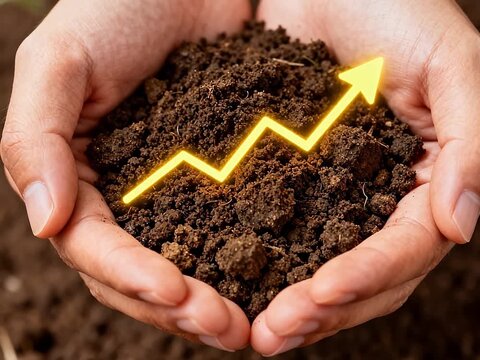 Hands holding soil with growth arrow