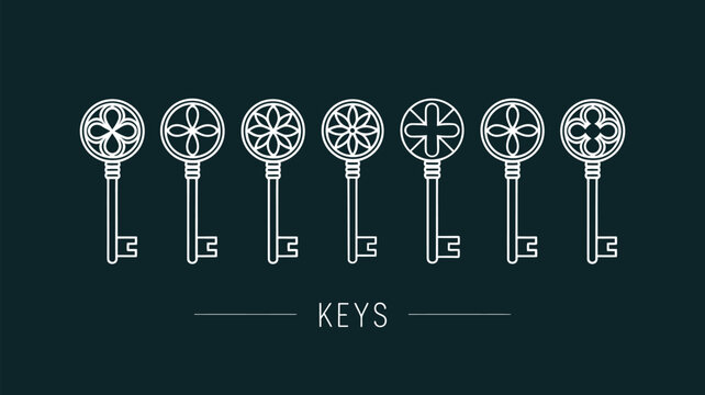 Modern graphic key collection green vector illustration featuring elegant shapes, security symbols, and contemporary design elements