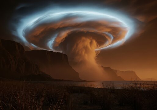 A dramatic swirling cloud formation resembling a mushroom cloud over a dark, rugged coastline with a body of water in the foreground