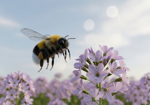 A bumblebee flies near a cluster of purple flowers in a field on a sunny day