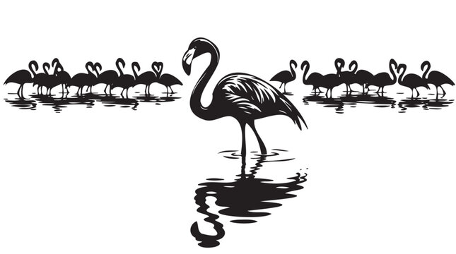 Flamingo Flock Silhouette, Monochrome Bird Illustrations, Tropical Waterfowl, Swimming and Standing in Water, Black Graphic for Tropical or Summer Design
