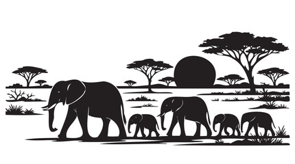 African elephant herd silhouette vector illustration with acacia trees in savannah landscape at sunset  wildlife family group walking in black and white jungle background  safari scene  nature © Uttam