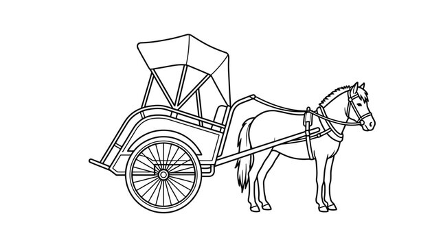 Line art of horse-drawn rickshaw carriage.