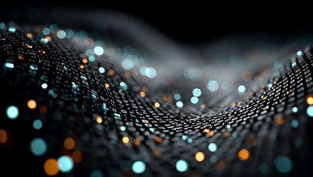 Abstract digital wave of binary code with glowing blue and orange bokeh lights data