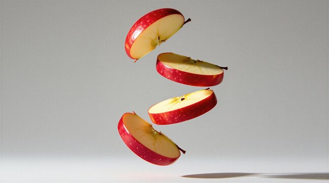 Four fresh red apple slices hover mid air against light background. Juicy fruit pieces fall in gravity defying motion. Healthy snack food drops down for diet nutrition culinary concept. Raw sliced