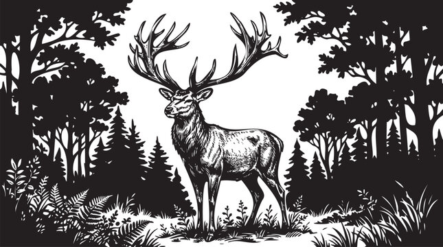Vintage deer in forest, Woodcut illustration of stag with antlers, Retro nature wildlife vector, Black and white print art, Hunting logo design element, Silhouette trees and herbs