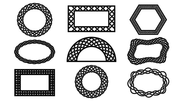 Set of decorative geometric frames with intricate weave patterns, ornate borders for invitation cards, labels, signage, professional document layouts