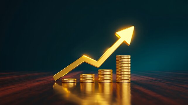 Rising financial growth chart with golden coins and upward arrow representing business profit and investment success