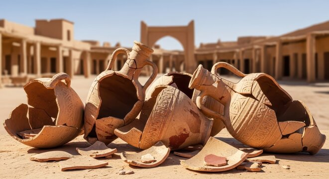 Ancient broken clay amphorae scattered on the desert ground in front of an old stone archeological site