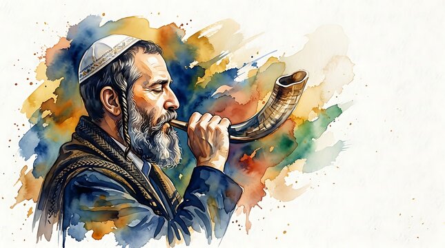 Jewish Man Blowing Shofar for Rosh Hashanah Watercolor Illustration