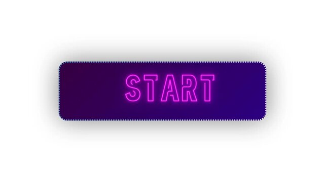 Neon start button on dark purple background, glowing gaming start button concept.