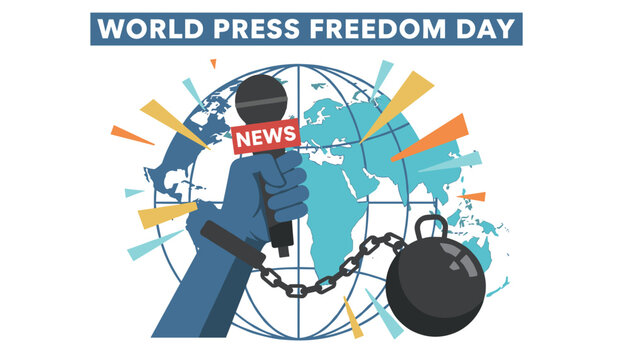 World Press Freedom Day graphic concept showing a hand holding a microphone restricted by a heavy chain weight.