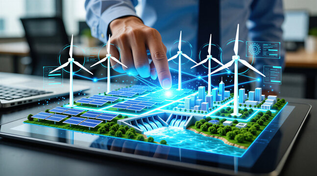 Engineer touches holographic interface of smart city power grid model. Virtual projection shows wind turbines solar panels, hydroelectric dam infrastructure. Professional worker manages sustainable