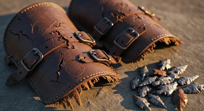 Ancient Leather Bracers and Arrowheads on Sandy Ground, Historical Artifacts and Warrior Gear