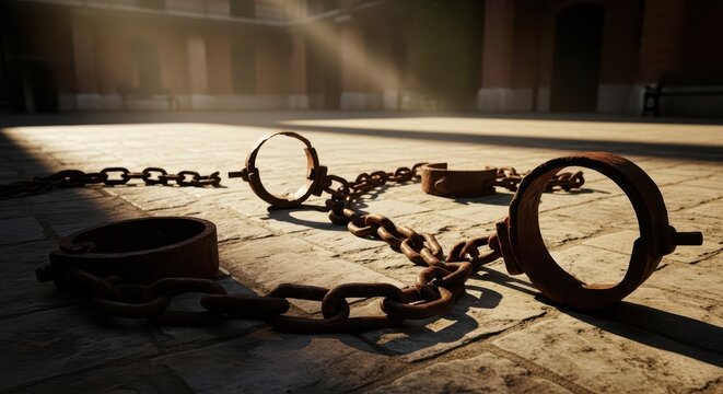 Ancient rusted metal shackles and chain lying on stone floor with dramatic sunlight casting long shadows, symbolizing bondage and historical imprisonm