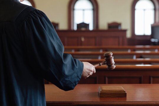 A judge in a black robe holding a wooden gavel over a desk inside an empty wood paneled courtroom.