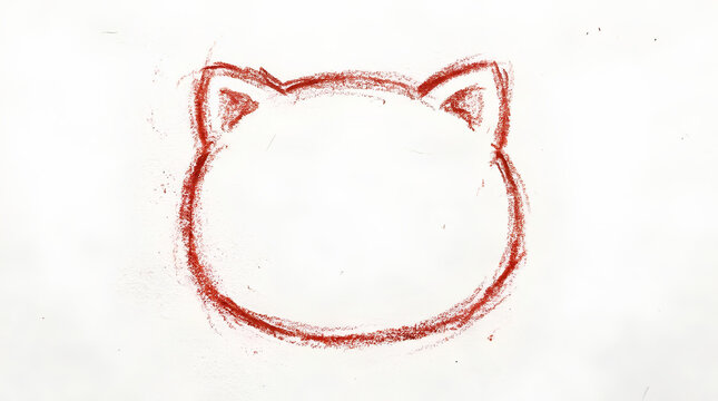 Minimalist red crayon drawing of a cat head outline.