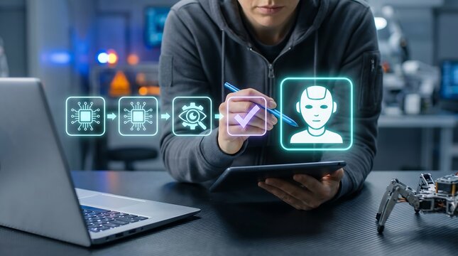Technician using digital tablet for automated robot programming and artificial intelligence quality checks