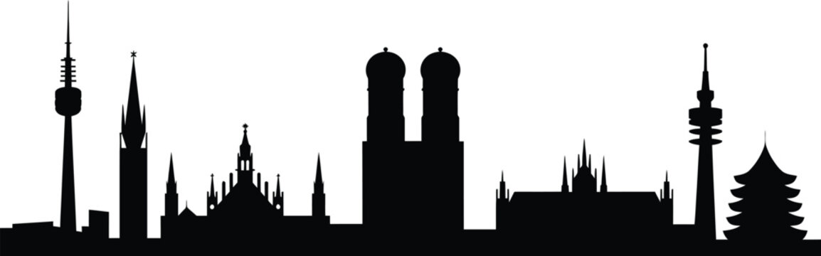 M&uuml;nchen skyline schwarz Vektor vector illustration featuring iconic architecture, historic landmarks, and elegant black cityscapev