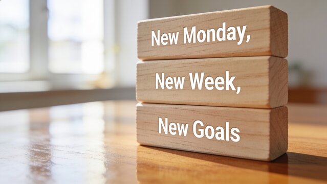 Motivational wooden blocks stacked with new week and goals inspiration on minimalist wooden table