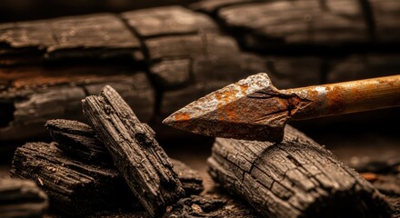 Fototapeta premium Ancient Rusty Arrowhead Lying on Charred Wood and Embers, Symbol of Survival and History