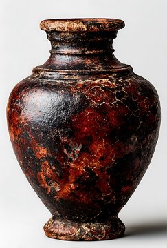 Ancient, weathered, dark brown ceramic vase with a textured, cracked surface and a narrow neck