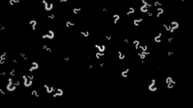 White question marks floating on black background, representing uncertainty, confusion, curiosity, and decision making overlay motion graphic.