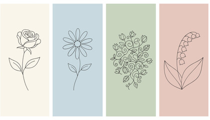 Naklejka premium Elegant floral panels featuring line art drawings of rose, daisy, wild ivy, and lily of the valley on pastel bases.