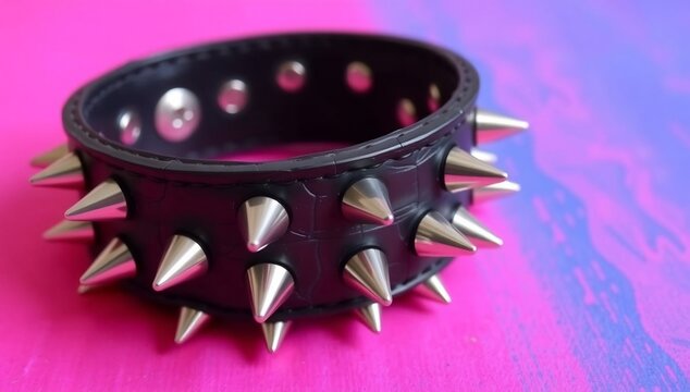 Black leather spiked cuff on pink and purple background