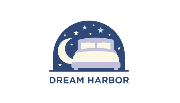 Cozy dream harbor logo featuring a comfortable double bed surrounded by a crescent moon and shiny stars at night.