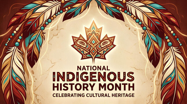 National Indigenous History Month graphic with feathers and maple.