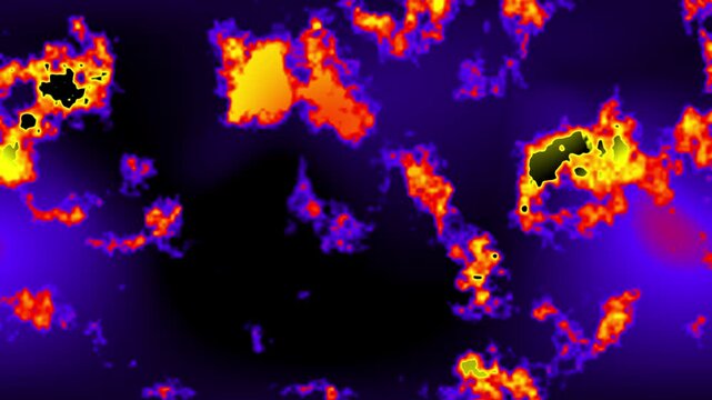 Abstract Thermal Heat Map Texture Animation with Orange Yellow and Purple Fire Cloud Pattern on Black Background