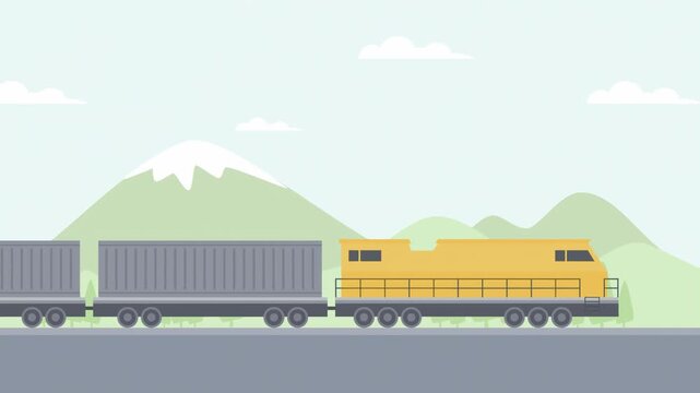 Freight Cargo Train Transporting Shipping Containers Through Mountain Landscape Flat Animation