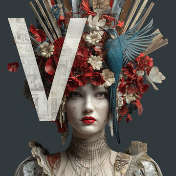 Portrait of a woman with floral headpiece. Avant-garde fashion model in artistic makeup.