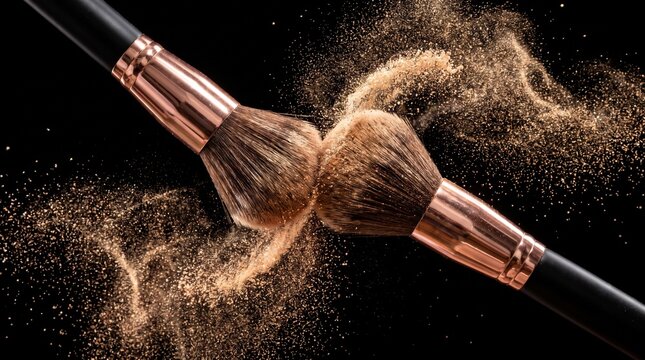 A dramatic high-speed macro photography scene of two luxurious cosmetic makeup brushes colliding in midair, releasing an explosive burst of shimmering golden face powder against a deep black
