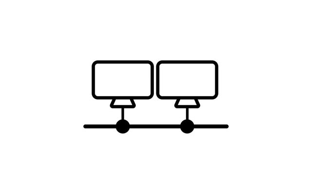 A black and white line icon showing two desktop computer monitors connected together through a shared network cable line within a shared office setup