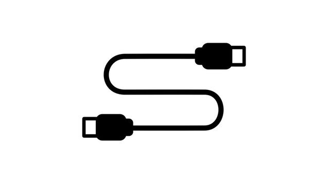 A black and white line icon showing a curved USB cable with connector plugs on each end used for charging or data transfer for syncing data