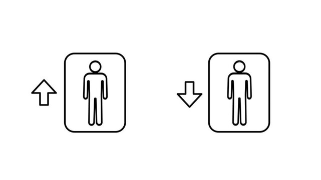 A black and white line icon showing two human figures with arrows pointing up and down representing movement or transfer near a building elevator