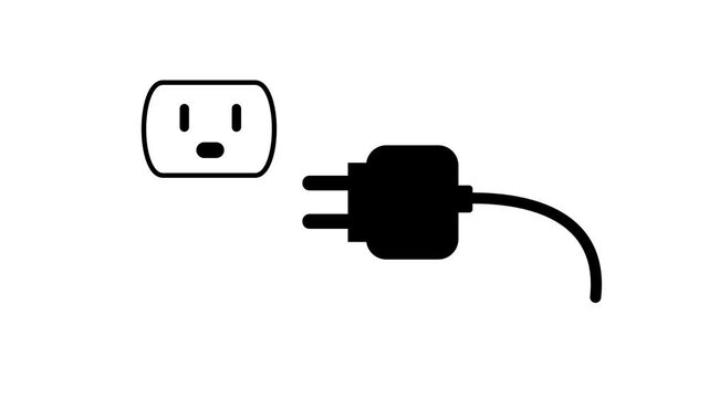 A black and white line icon showing a wall electrical outlet with a plug and cord ready to connect for power supply mounted along a household wall