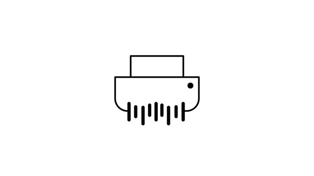 A black and white line icon of an office paper shredder machine feeding a sheet of paper in for secure document destruction placed beside an office