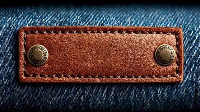 Brown leather label with metal rivets on blue denim fabric background, close-up detail