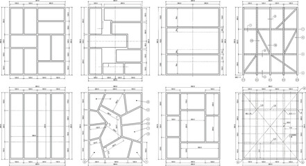 Fototapeta premium Architectural CAD Floor Plan Layout Vector Set with Technical Blueprint Drawing Collection